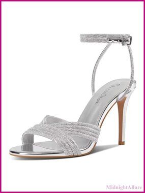 Rhinestone High Heel Sandals Sparkly Stilettos Ankle Strap Round Open Toe